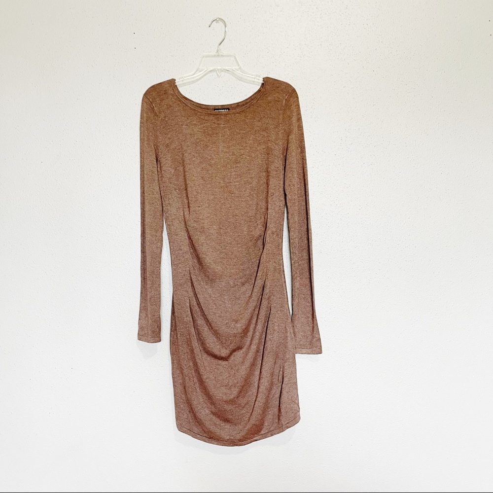 Express Ruched Dress Long Sleeve Brown Size M - Picture 6 of 6